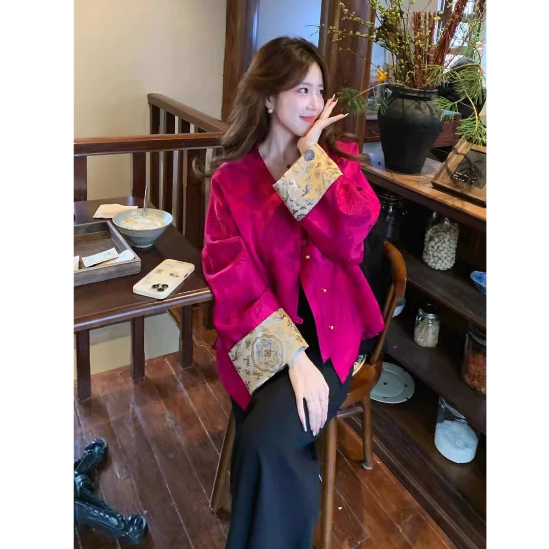 新中式国风玫红色外套女2025春季新款气质高级感黑色连衣裙两件套