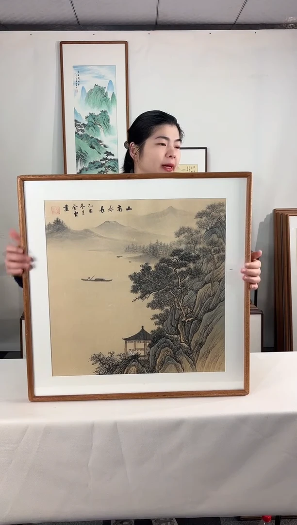 国画手绘*山高水长*62*62cm发黑胡桃色框*介意勿拍