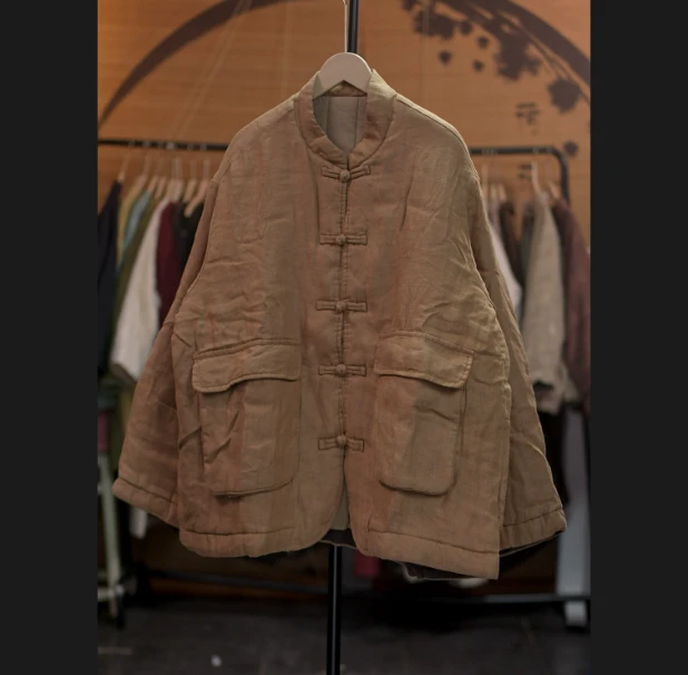 亚麻圆领 夹棉 厚款 保暖宽松型 棉服棉衣（胸围126 衣长65）