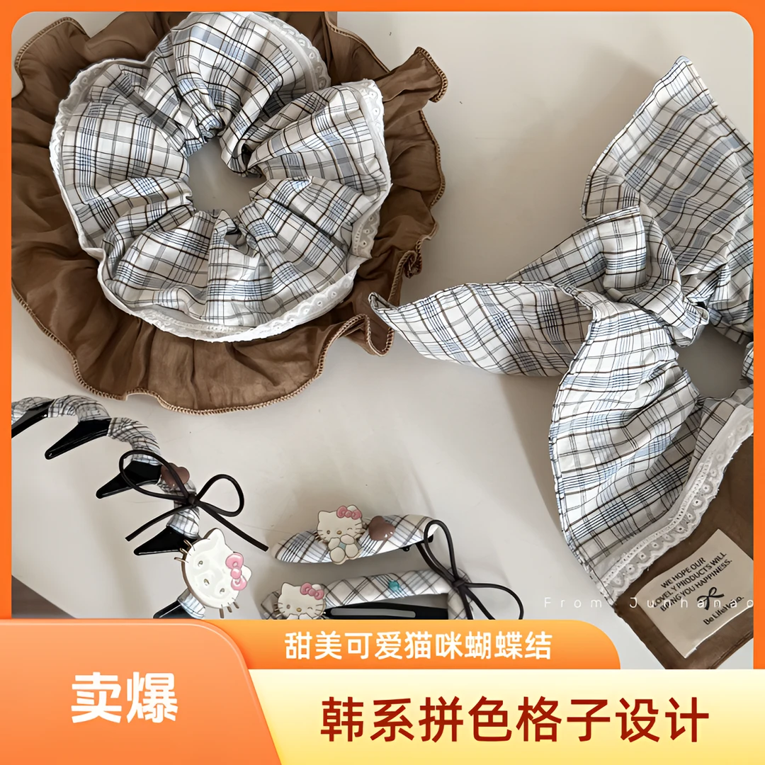 韩系拼色格子发夹方巾大肠发圈女小众甜美可爱猫咪蝴蝶结发箍发饰