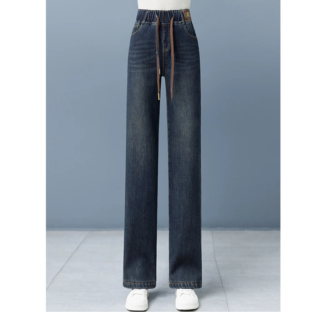 牛仔阔腿裤女士2025年春秋冬季新款松紧高腰宽松窄版加绒直筒裤子