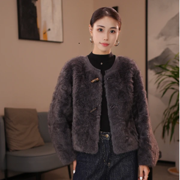 【糖糖】春季新款宽松外套立领短款保暖女士轻奢拼接女装复古牛角扣