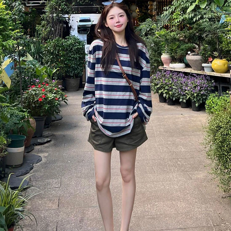 韩系撞色条纹休闲防晒长袖T恤女宽松显瘦薄款圆领ootd穿搭上衣潮