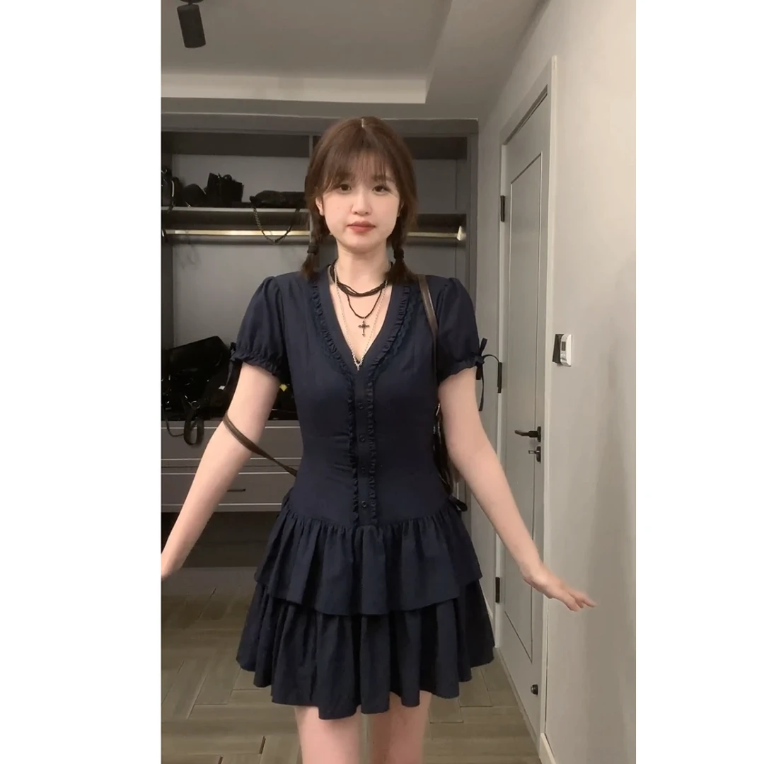 2025夏季新款黑色短袖衬衫连衣裙女蝴蝶结装饰设计少女感polo裙女