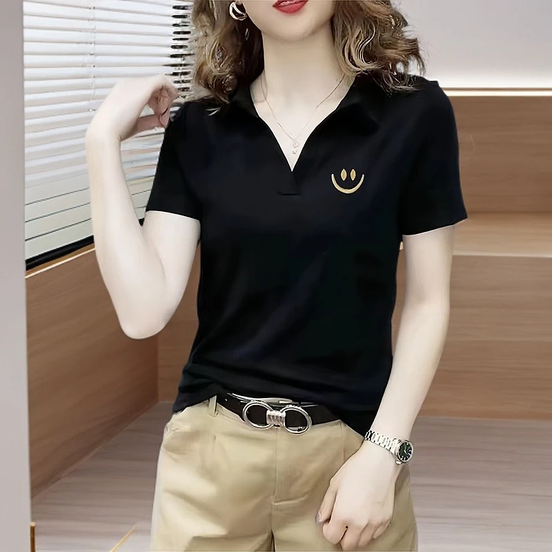夏季欧洲站棉刺绣复古新款翻领polo衫女短袖气质经典显瘦上衣女