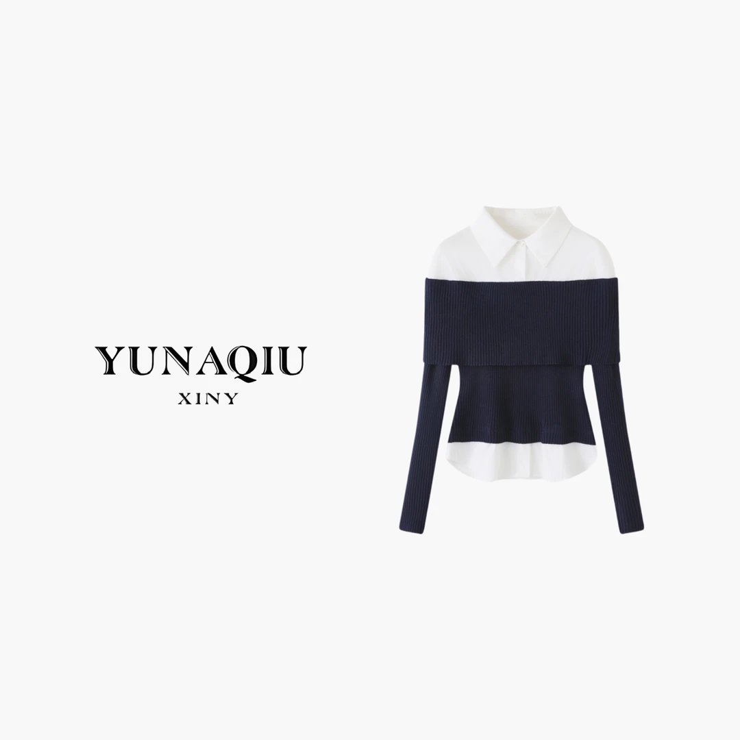 YUNAQIU 气质长袖时尚百搭小众假两件设计感针织衫-9081