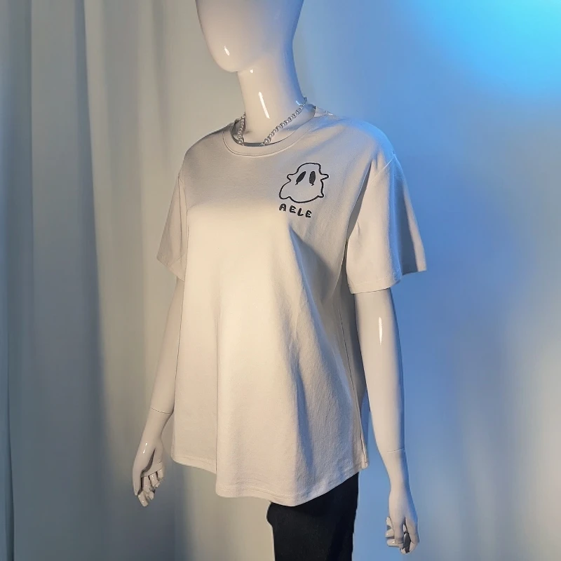 白色短袖女t恤时尚休闲百搭夏季圆领t恤半袖宽松夏款绣花套头大版