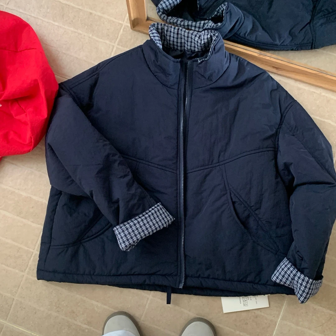 【整张棉】轻薄款立领格子棉衣韩版落肩袖棉袄冬装女宽松型棉服外套