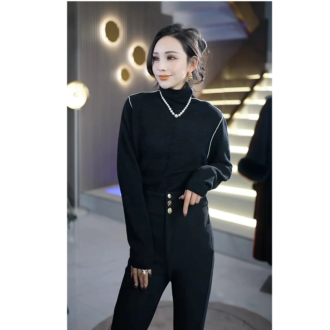 轻奢时尚气质百搭显瘦坑条撞色女士堆堆领针织衫套头毛衣6W+8719y