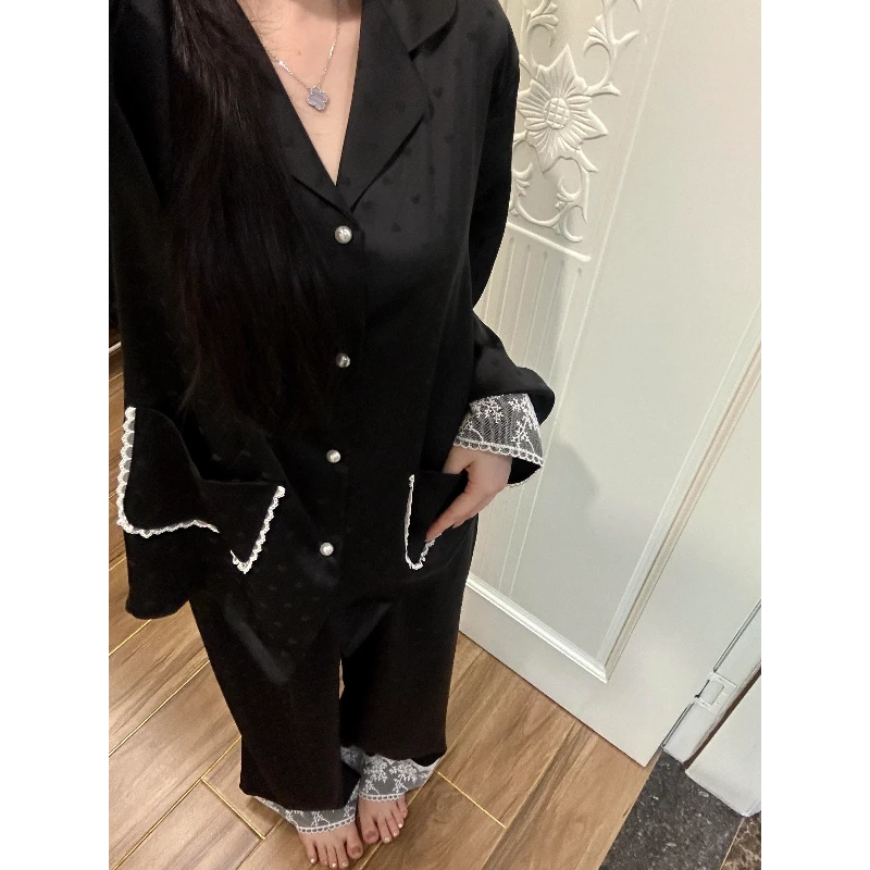 【DMXJ大梦想家】缎面冰丝蕾丝花边睡衣女春秋新款轻奢家居服套装