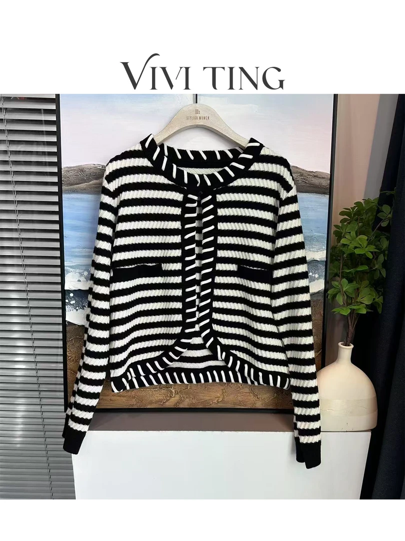 【VIVI·TING】婷姐推荐春装时尚小香风设计款条纹撞色毛衣开衫s90