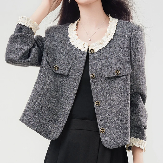 短外套小香风气质小个子长袖短款时尚百搭粗花呢春秋网红洋气#0Kt