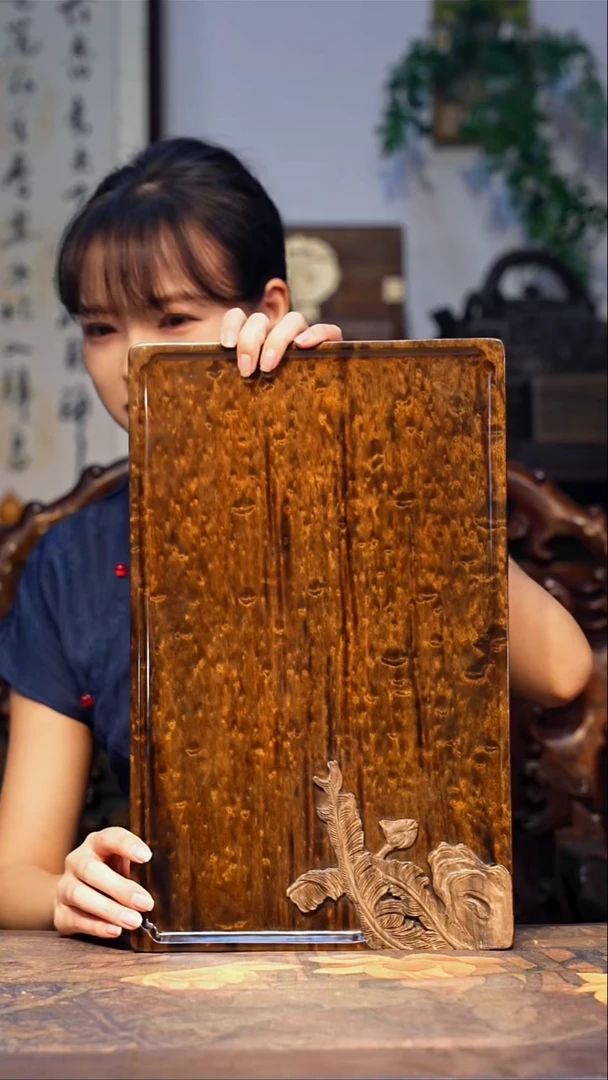 金丝楠【37】小叶金丝楠 精品满花暴雨花纹 一木整雕茶盘