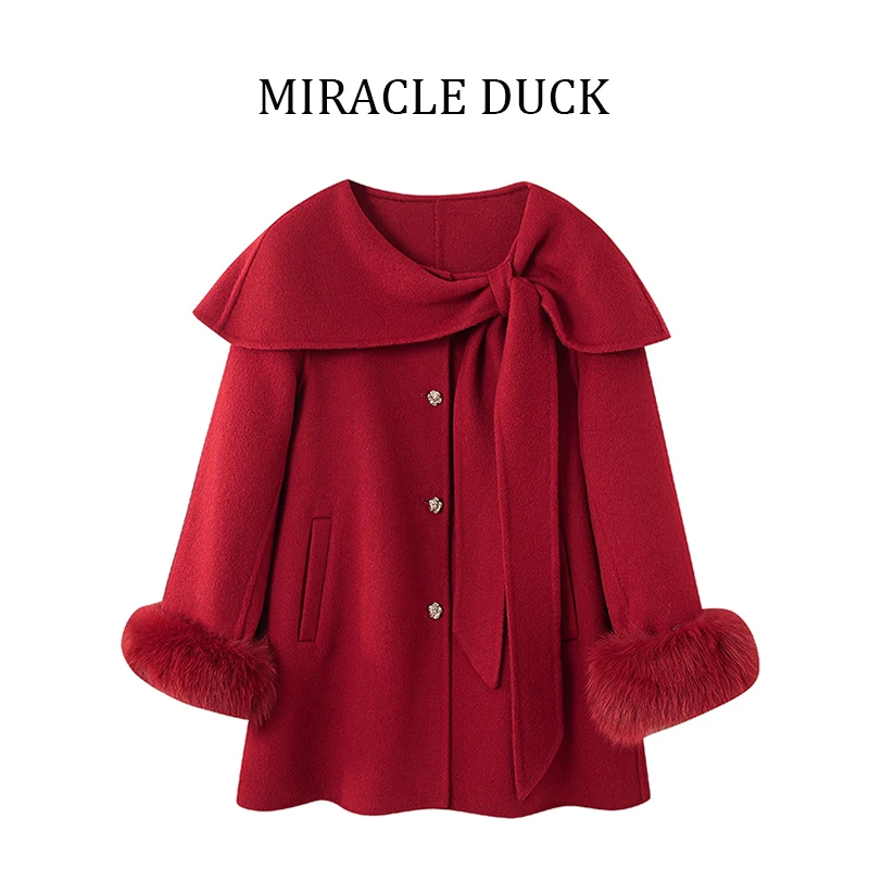 3号【复古红大衣】秋冬气质设计围巾领双面呢中长款大衣外套C1952