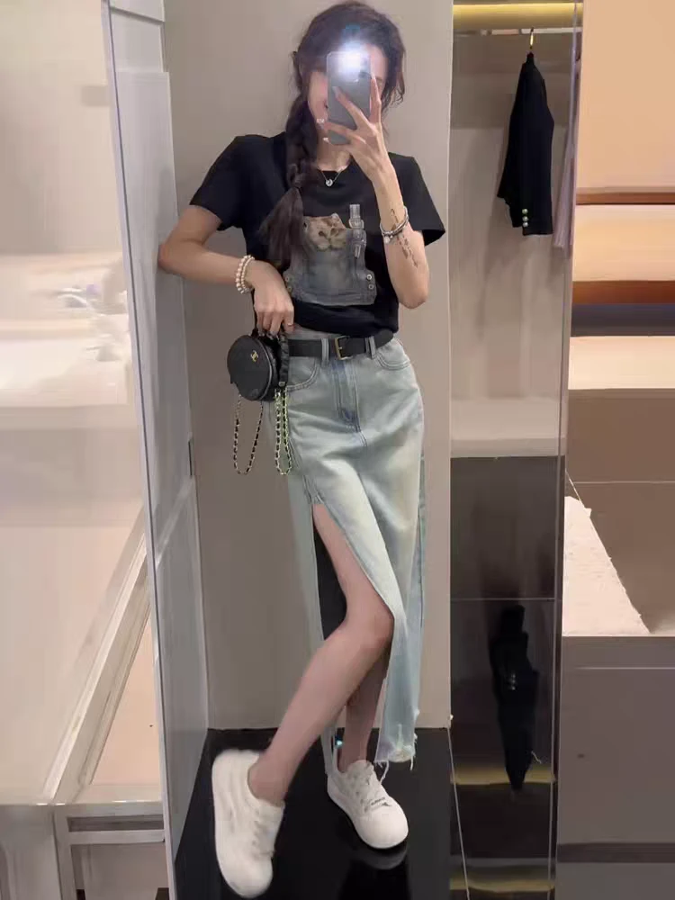 复古水洗毛边破洞牛仔半身裙女2025夏新款百搭显瘦侧开叉气质长裙