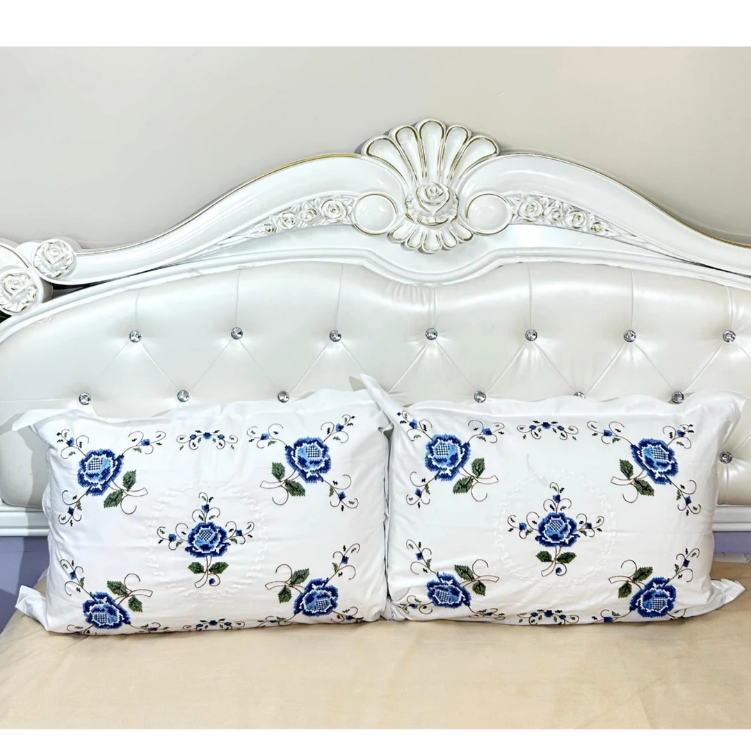 003-棉布刺绣枕套一对-蓝-YASTUK