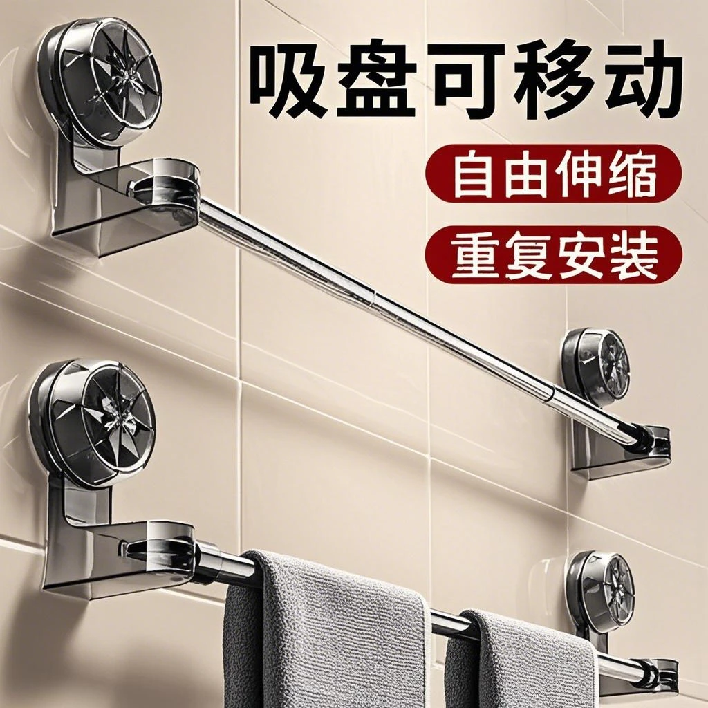 沃艾宝吸盘可伸缩毛巾架免打孔卫生间毛巾杆可旋转移动置物浴室架