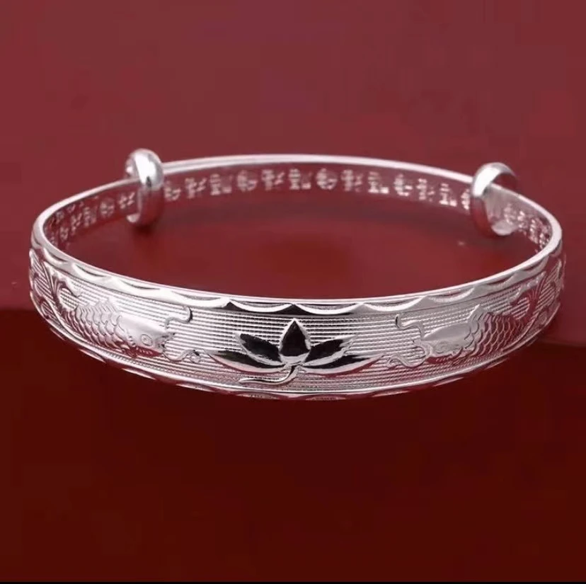 足银手镯 足银999.9手镯 双鱼戏莲实心推拉镯子送妈妈奶奶老年人