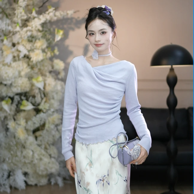 《丁香》彼得潘大叔法式修身显瘦针织上衣优雅印花图案半裙