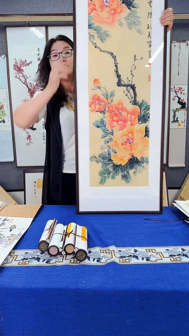 国画牡丹图 实木画框 48*163