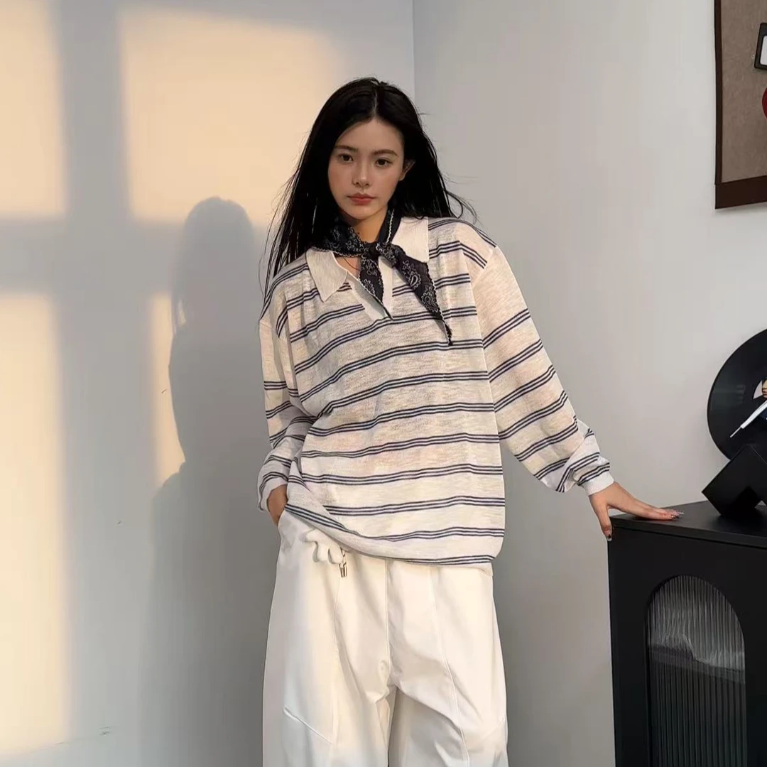 秋季新款慵懒松弛感小V领条纹防晒衫男宽松休闲百搭情侣长袖T恤