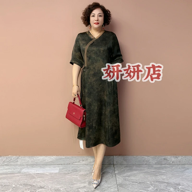 989夏装新中式国风真丝旗袍连衣裙中老年妈妈收腰显瘦桑蚕丝裙子