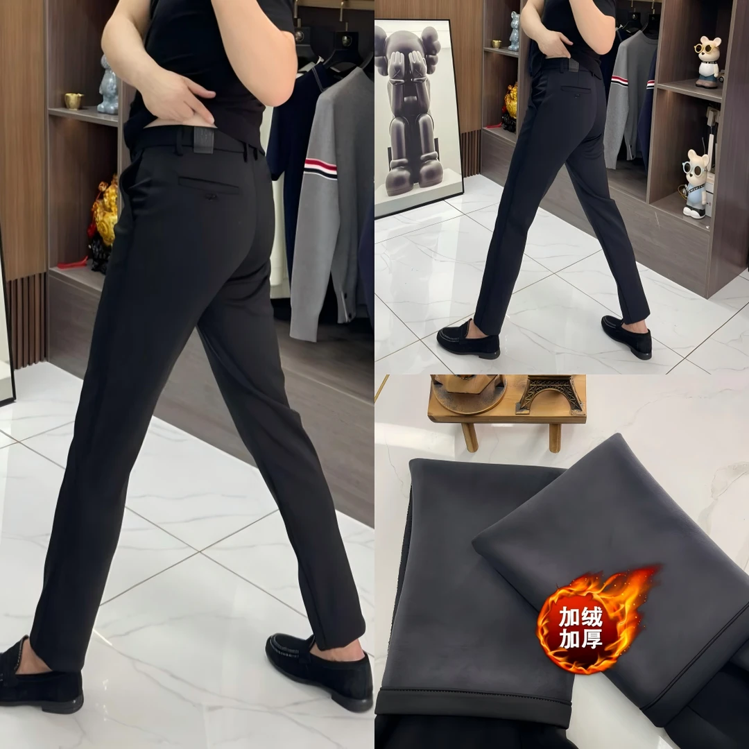 66151-1加绒加厚长裤男士小脚裤保暖纯色休闲裤商务修身显瘦中弹