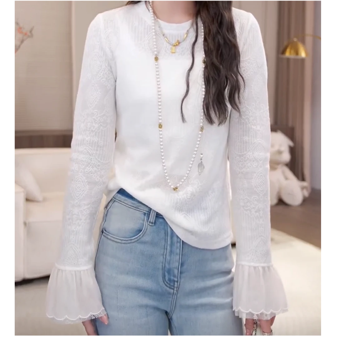 设计感拼接网纱蕾丝上衣女2025春季新款气质休闲百搭纯色长12921