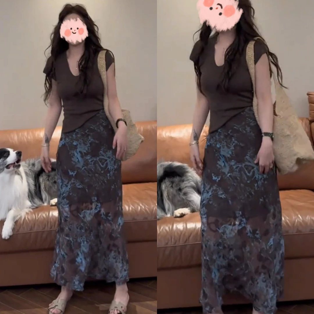 千金气质度假风纯色收腰显瘦上衣+印花显瘦半裙套装2025新款修身