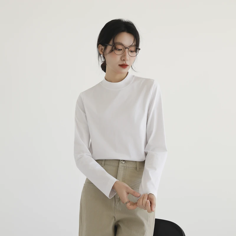 打底衫女款爆款2025新款白色立领长袖立领后中线通勤宽松简约上衣