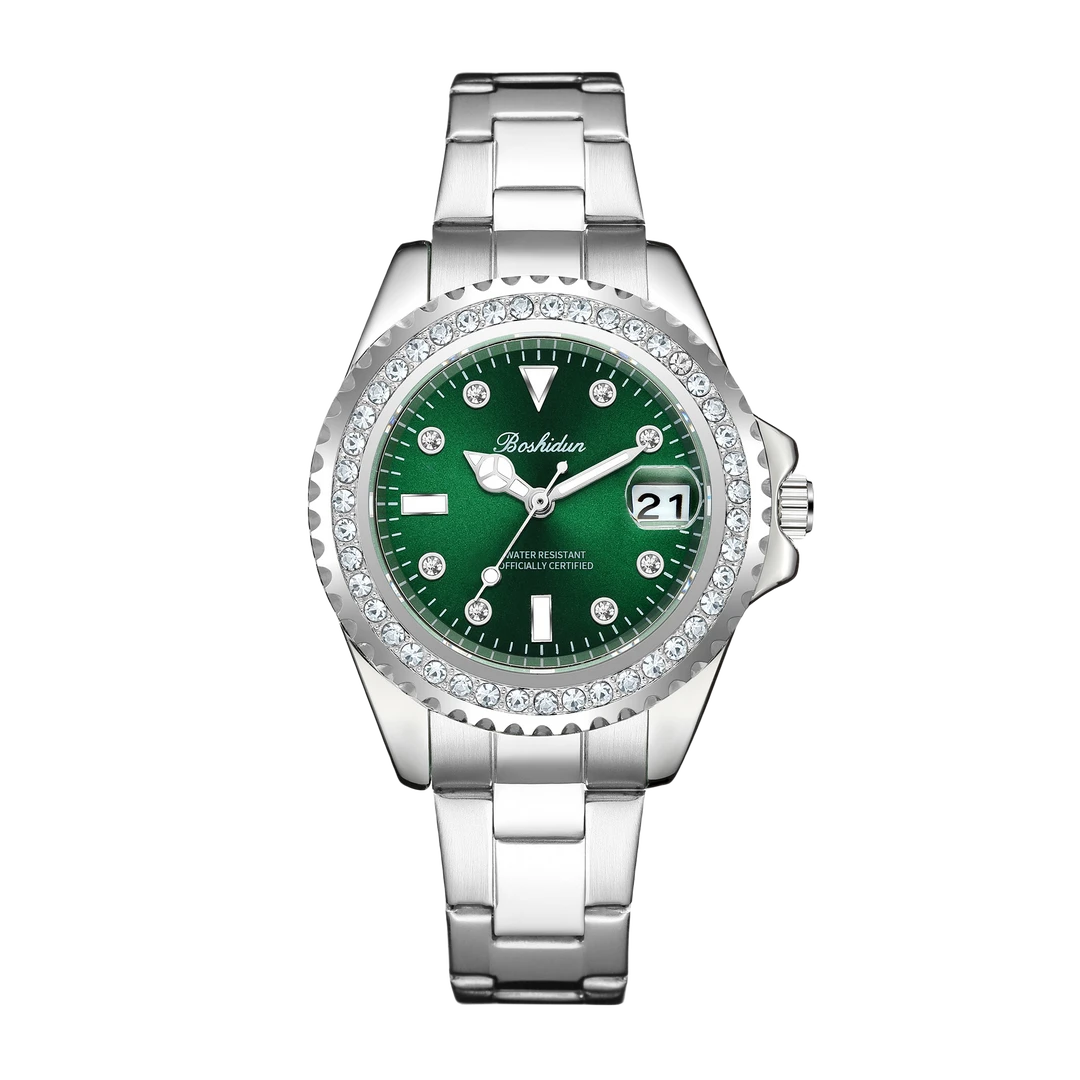 经典时尚大气升级钻绿水鬼日历夜光防水女手表8141钢带专属