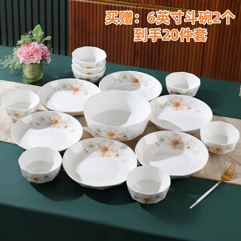 【无礼盒】BK陌上花开圆盘20件套家用碗碟盘套装聚会送礼餐具