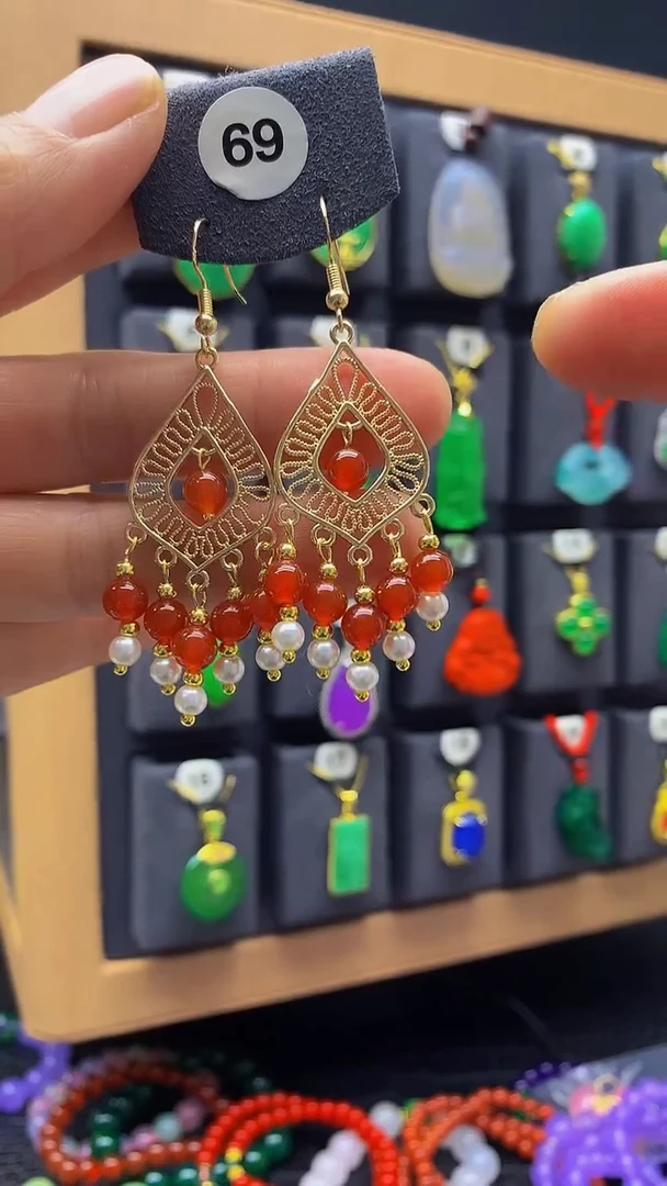 【闪购商品】玛瑙/玉髓耳环银S925镀金镶嵌耳饰069