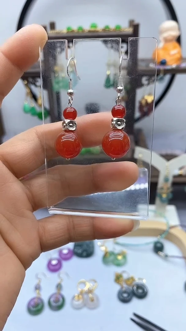 南红玛瑙银S925镶嵌耳饰124
