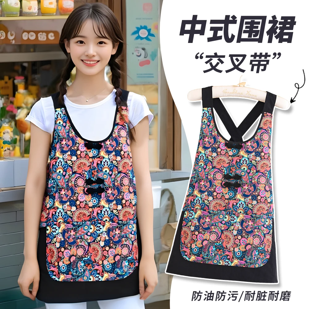 中式复古帆布围裙家用厨房做饭工作服成人防污耐脏透气罩衣薄款