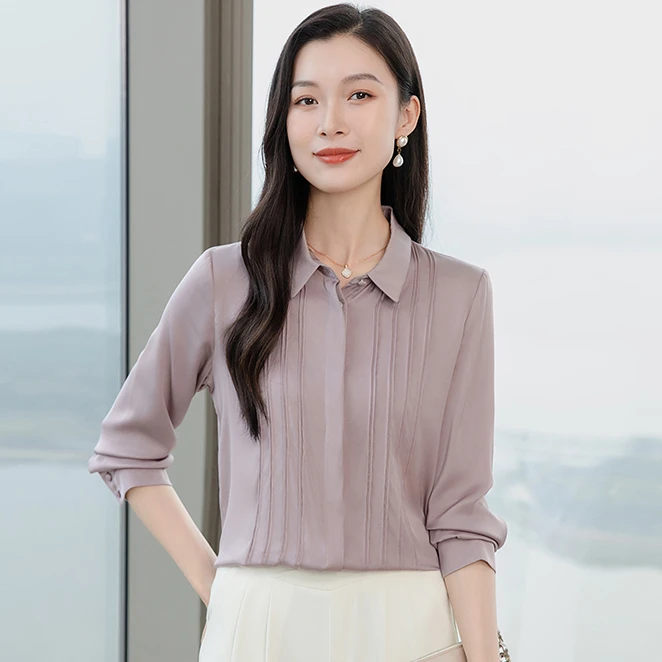 真丝弹力双乔长袖衬衫女2025春新款打褶设计感小众气质桑蚕丝上衣