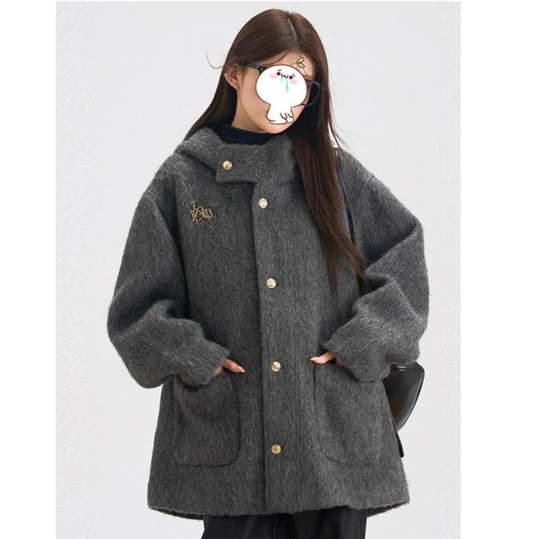 加厚高级感连帽呢子大衣女冬季深灰色小个子毛呢外套羽绒服内胆