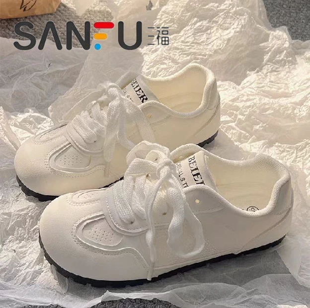 三福2025新款芭蕾风德训鞋女百搭chic小白鞋女平底不累脚休闲鞋子
