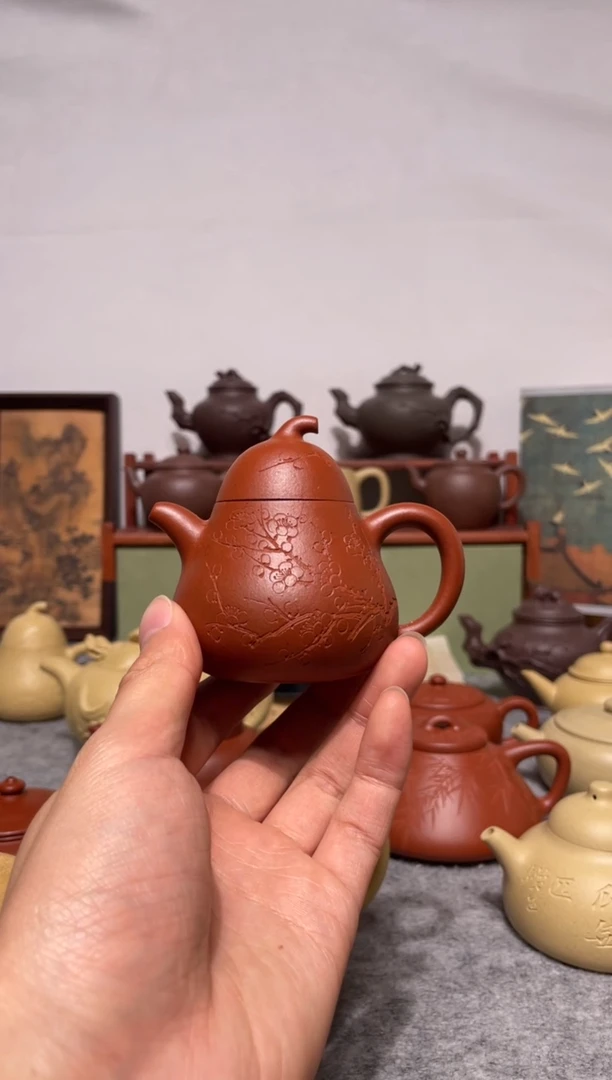 茶壶紫砂小煤窑朱泥手工泥诗文梨形120cc