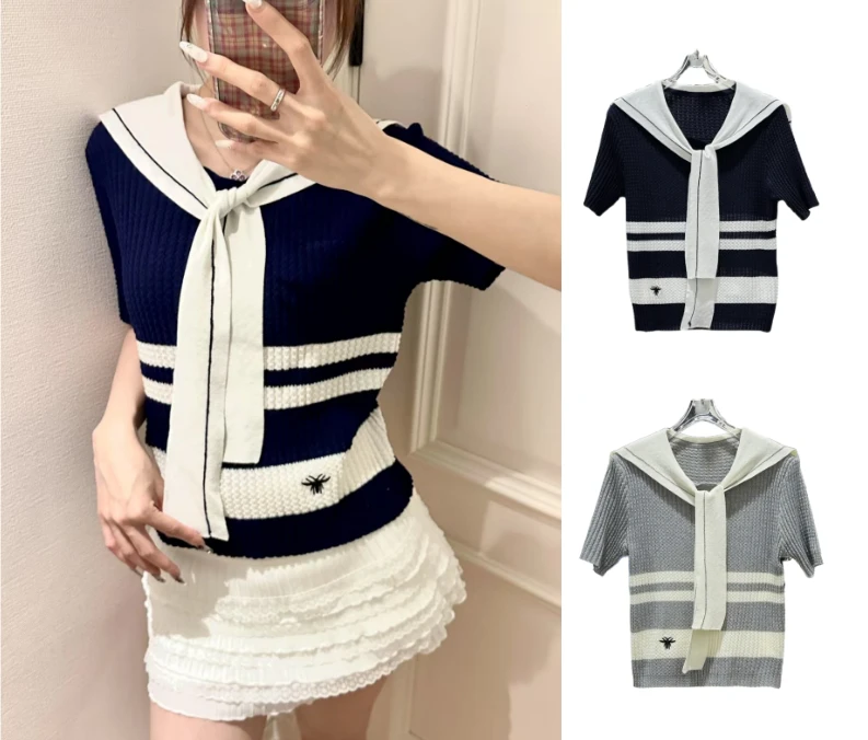 欧洲站海军领披肩撞色条纹设计夏季洋气别致上衣X198
