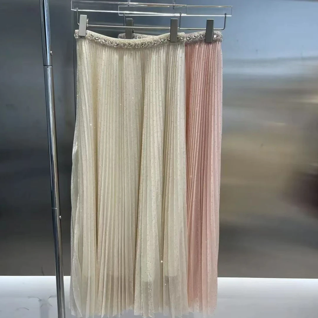 ZX推荐【漫步波光】超仙钉珠网纱半身裙高腰设计百褶纱裙显瘦百搭