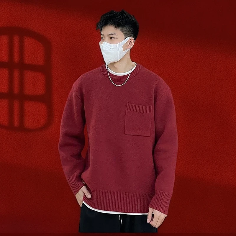 2025新款冬季加厚毛线衣本命年蛇年宽松红色毛衣男高级感冬装内搭