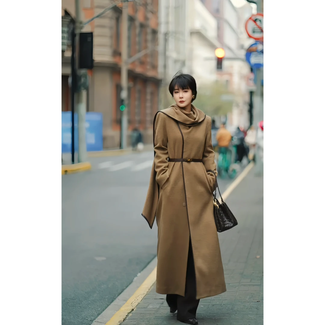 【恋冬】文艺派入冬季造型围巾领拼皮边宽松长款羊毛大衣鹅绒服