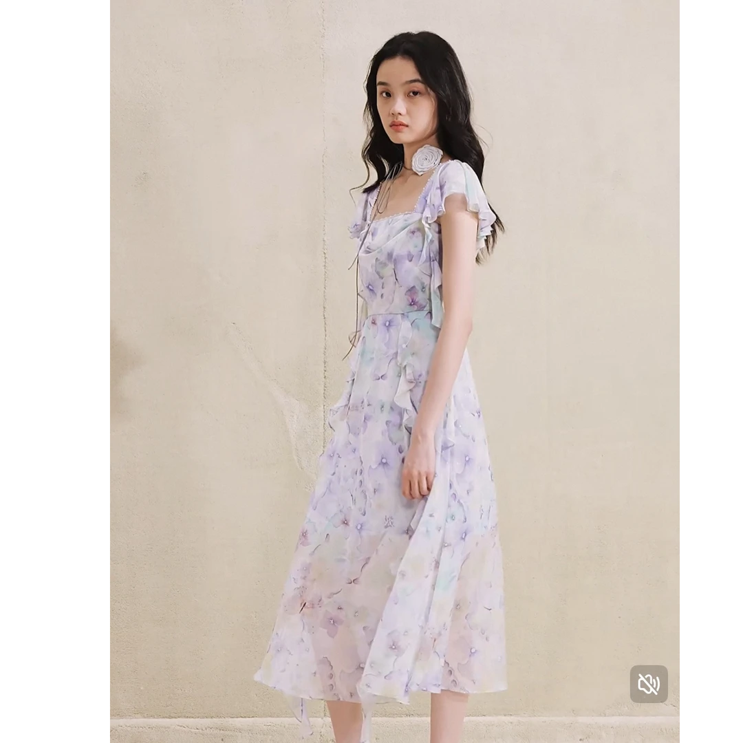 MAXRIENY浪漫度假风蝴蝶仙紫连衣裙晕染碎花茶歇裙收腰伞摆