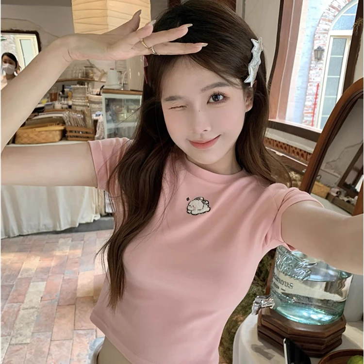 兔子刺绣粉色露脐正肩短袖t恤女夏修身高腰短款甜辣妹chic小上衣