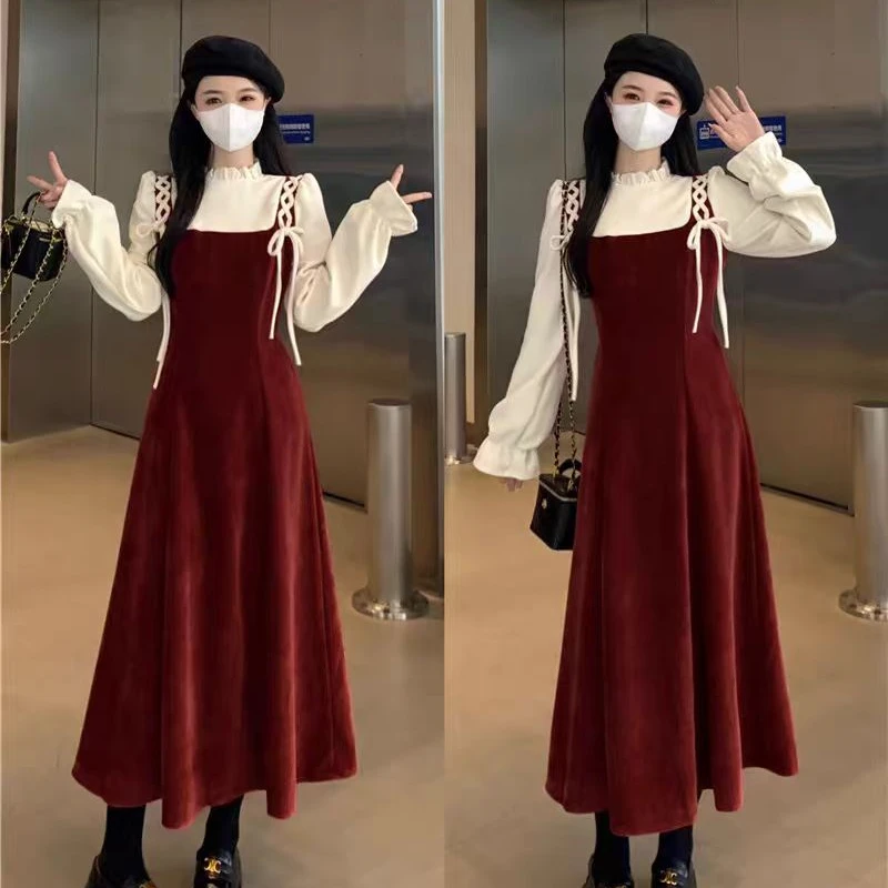 2025年大码胖mm复古假两件连衣裙女秋冬新款收腰显瘦拼接裙子1690