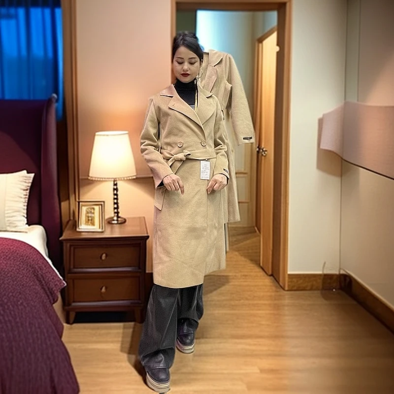 新款女土羊毛开叉双面呢大衣