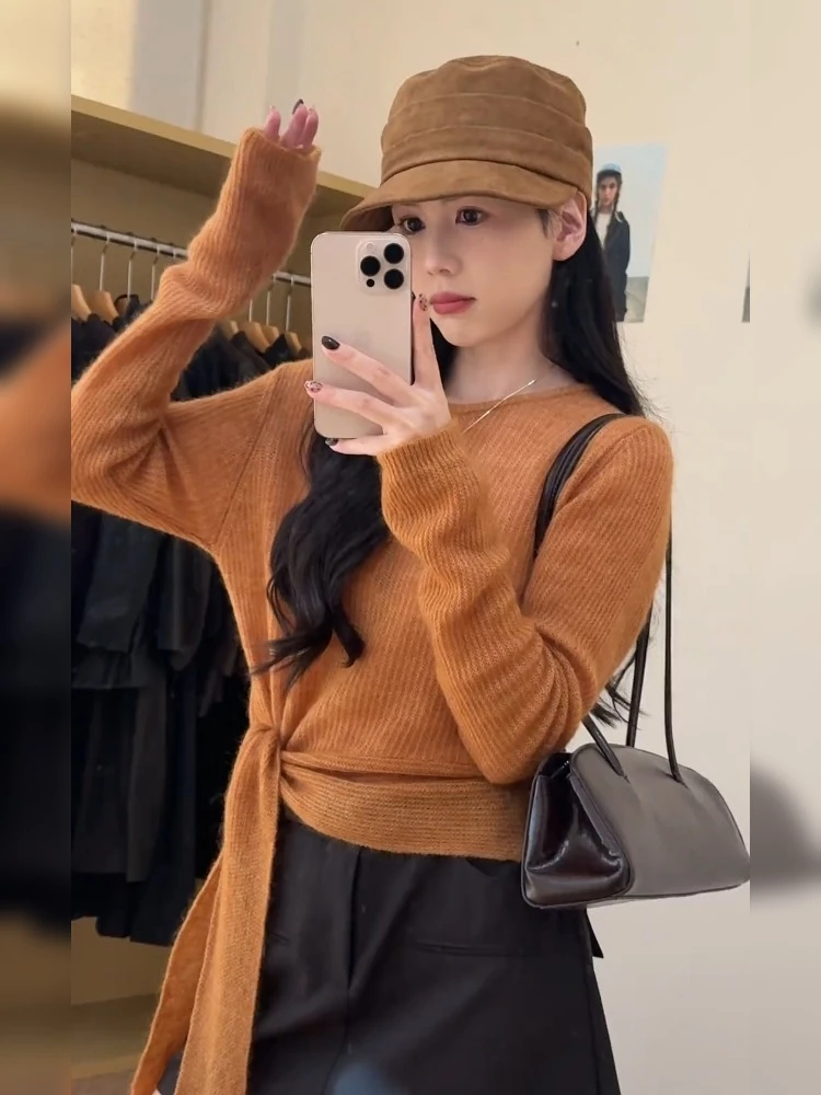 2025早秋巨好看的韩系氛围感网红爆款橘色长袖针织衫上衣女士毛衣