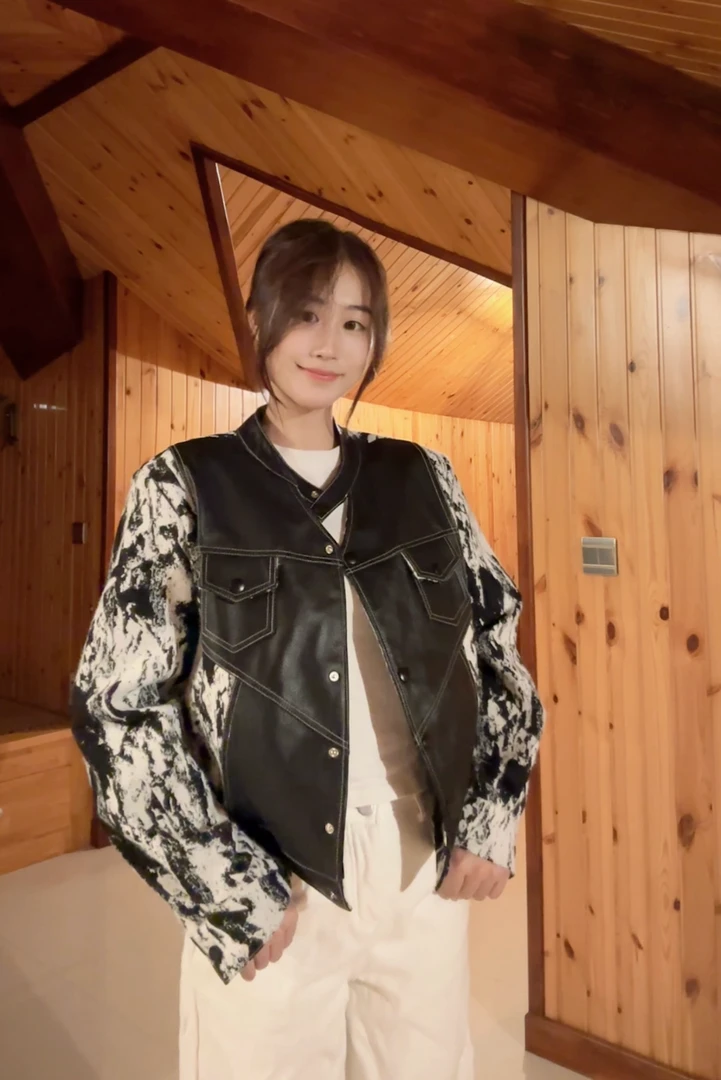 立领短款宽松休闲黑色重工上衣皮衣网红小香气质