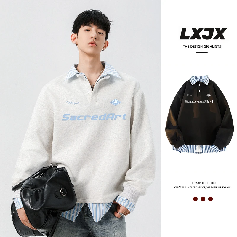 LXJX新款撞色衬衫高级感翻领复古潮流假两件重磅卫衣